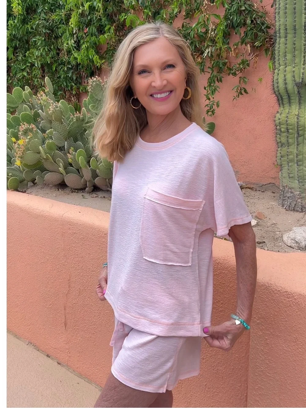 NWT Pink Loungewear Jammie Coverup Short Set - Pocket Tee & Drawstring Shorts-S - Picture 3 of 14